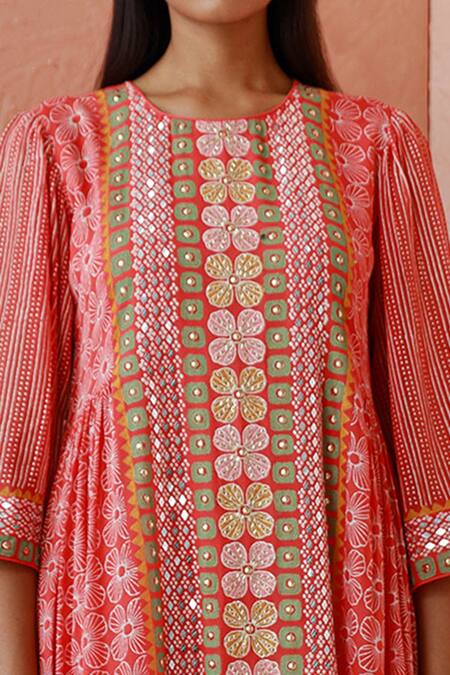 Shop_Surbhi Gupta_Pink Kurta Georgette Trouser Cotton Silk Round Printed And Pant Set _Online_at_Aza_Fashions