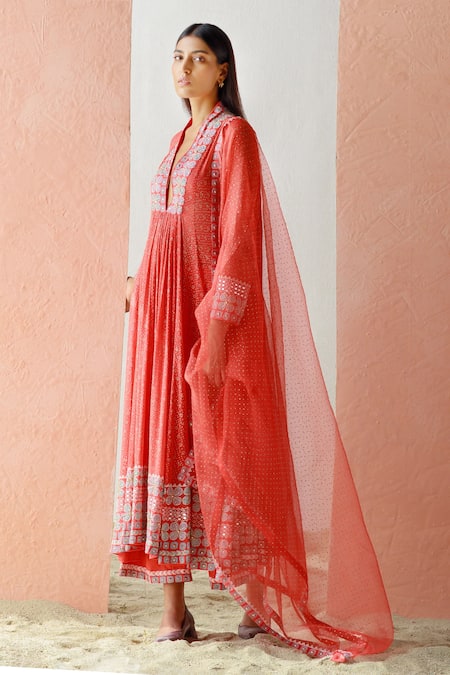 Shop Surbhi Gupta Red Anarkali Georgette Inner And Trousers Cotton Silk Dupatta Printed Set at Aza Fashions Shop_Surbhi Gupta_Red Anarkali Georgette Inner And Trousers Cotton Silk Dupatta Printed Set _at_Aza_Fashions