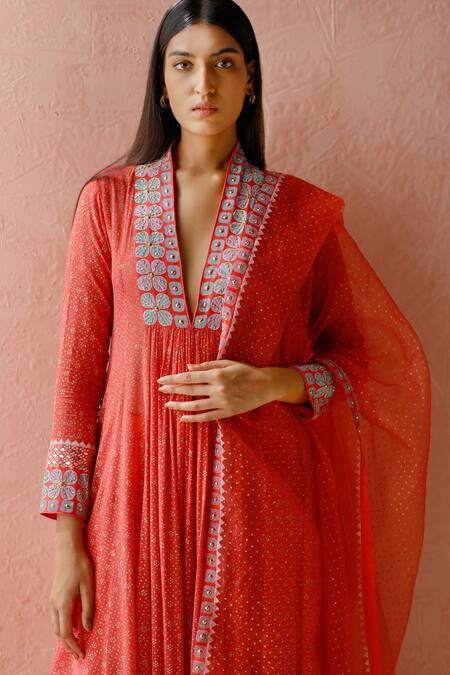 Surbhi Gupta Red Anarkali Georgette Inner And Trousers Cotton Silk Dupatta Printed Set Online at Aza Fashions Surbhi Gupta_Red Anarkali Georgette Inner And Trousers Cotton Silk Dupatta Printed Set _Online_at_Aza_Fashions