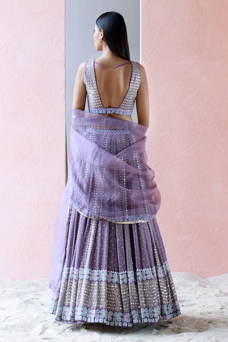 Shop Surbhi Gupta Purple Blouse Cotton Silk Lehenga Georgette Dupatta Organza V Printed Set at Aza Fashions Shop_Surbhi Gupta_Purple Blouse Cotton Silk Lehenga Georgette Dupatta Organza V Printed Set _at_Aza_Fashions