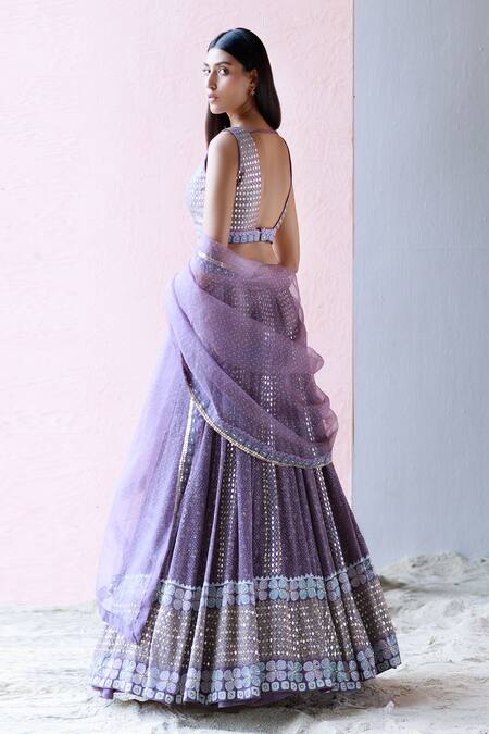 Surbhi Gupta Purple Blouse Cotton Silk Lehenga Georgette Dupatta Organza V Printed Set Online at Aza Fashions Surbhi Gupta_Purple Blouse Cotton Silk Lehenga Georgette Dupatta Organza V Printed Set _Online_at_Aza_Fashions