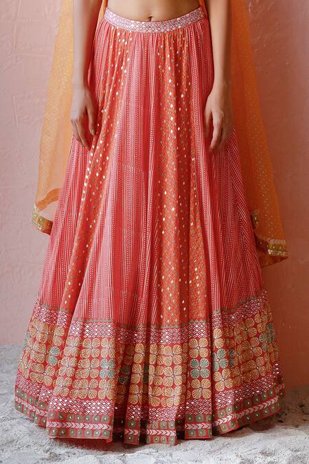 Shop_Surbhi Gupta_Red Blouse Cotton Silk Lehenga Georgette Dupatta Organza Leaf Printed Set _Online_at_Aza_Fashions