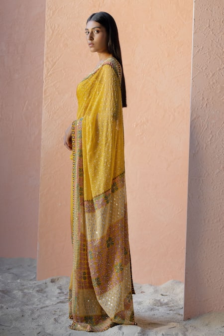 Shop Surbhi Gupta Yellow Blouse Cotton Silk Saree Georgette Leaf Neck Printed With at Aza Fashions Shop_Surbhi Gupta_Yellow Blouse Cotton Silk Saree Georgette Leaf Neck Printed With _at_Aza_Fashions