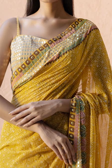 Surbhi Gupta Yellow Blouse Cotton Silk Saree Georgette Leaf Neck Printed With Online at Aza Fashions Surbhi Gupta_Yellow Blouse Cotton Silk Saree Georgette Leaf Neck Printed With _Online_at_Aza_Fashions