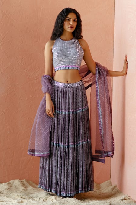 Surbhi Gupta Purple Blouse Cotton Silk Lehenga Georgette Dupatta Organza Printed Set 