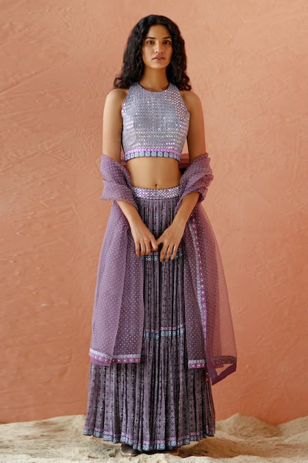 Shop Surbhi Gupta Purple Blouse Cotton Silk Lehenga Georgette Dupatta Organza Printed Set at Aza Fashions Shop_Surbhi Gupta_Purple Blouse Cotton Silk Lehenga Georgette Dupatta Organza Printed Set _at_Aza_Fashions