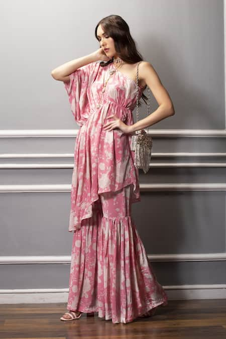 Sakshi Girri Pink Crepe Floral One Shoulder Tunic And Sharara Set  