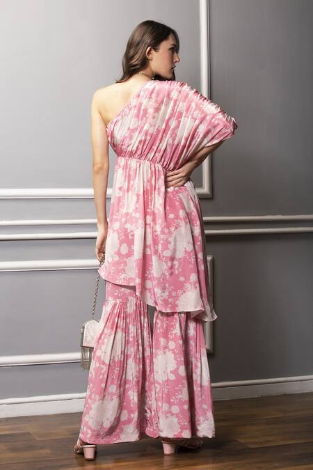 Shop_SAKSHI GIRRI_Pink Crepe Floral Print One Shoulder Tunic And Sharara Set_at_Aza_Fashions