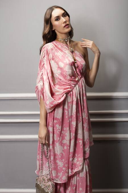 SAKSHI GIRRI_Pink Crepe Floral Print One Shoulder Tunic And Sharara Set_Online_at_Aza_Fashions