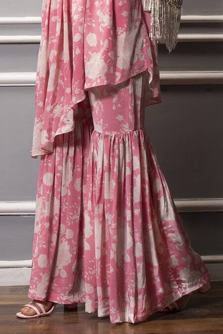 Shop_SAKSHI GIRRI_Pink Crepe Floral Print One Shoulder Tunic And Sharara Set_Online_at_Aza_Fashions