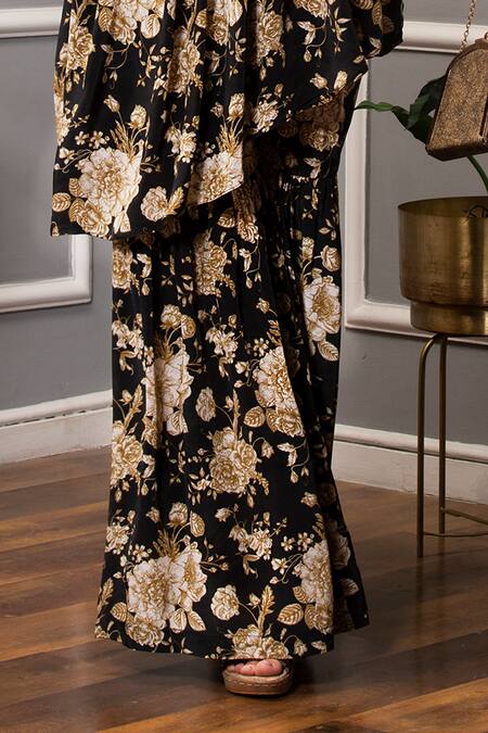 SAKSHI GIRRI_Black Crepe Floral Print One Shoulder Tunic And Sharara Set_at_Aza_Fashions