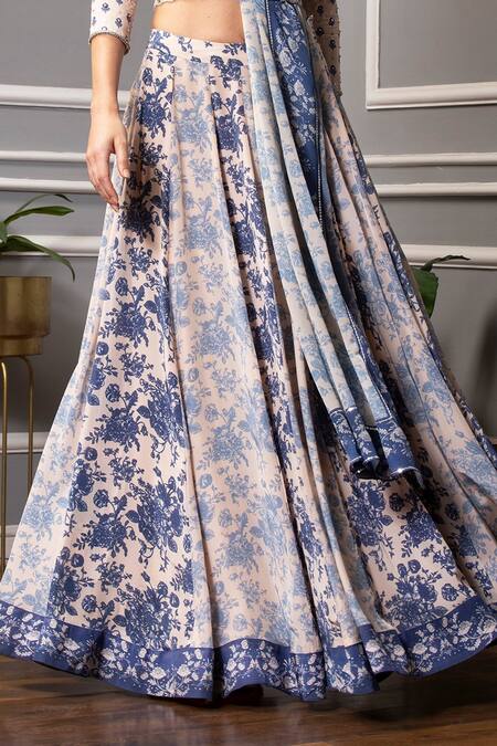 Buy_SAKSHI GIRRI_Blue Crepe And Chiffon Floral Print & Sequin Scoop Neck Lehenga Set_Online_at_Aza_Fashions