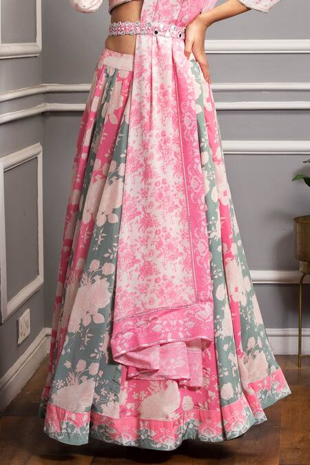 Shop SAKSHI GIRRI Pink Crepe And Chiffon Floral Print, Bead & Sequin V Neck Lehenga Set Online at Aza Fashions Shop_SAKSHI GIRRI_Pink Crepe And Chiffon Floral Print, Bead & Sequin V Neck Lehenga Set_Online_at_Aza_Fashions