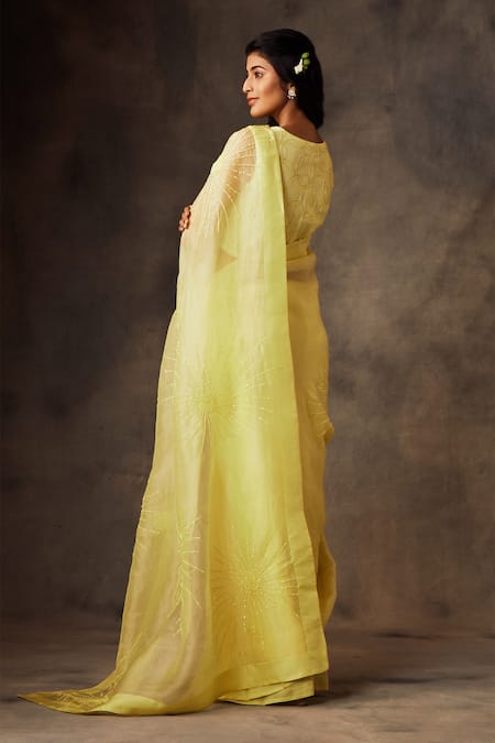 Shop Shilpi Gupta Yellow Silk Organza Embroidery Round Pre-draped Saree With Blouse at Aza Fashions Shop_Shilpi Gupta_Yellow Silk Organza Embroidery Round Pre-draped Saree With Blouse _at_Aza_Fashions