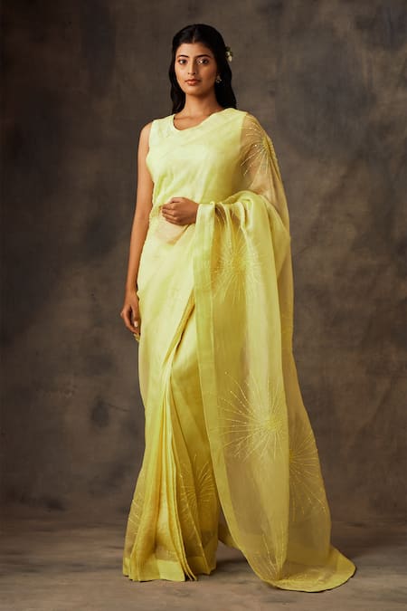 Shilpi Gupta Yellow Silk Organza Embroidery Round Pre-draped Saree With Blouse Online at Aza Fashions Shilpi Gupta_Yellow Silk Organza Embroidery Round Pre-draped Saree With Blouse _Online_at_Aza_Fashions