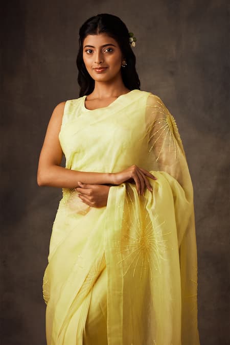 Buy Shilpi Gupta Yellow Silk Organza Embroidery Round Pre-draped Saree With Blouse Online at Aza Fashions Buy_Shilpi Gupta_Yellow Silk Organza Embroidery Round Pre-draped Saree With Blouse _Online_at_Aza_Fashions