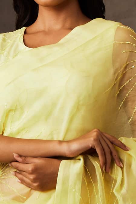 Shop Shilpi Gupta Yellow Silk Organza Embroidery Round Pre-draped Saree With Blouse Online at Aza Fashions Shop_Shilpi Gupta_Yellow Silk Organza Embroidery Round Pre-draped Saree With Blouse _Online_at_Aza_Fashions