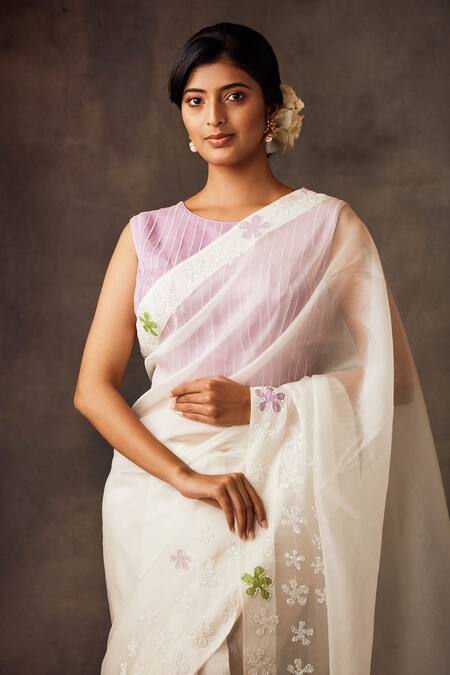 Shilpi Gupta White Silk Organza Embroidery Round Pre-draped Saree With Blouse Online at Aza Fashions Shilpi Gupta_White Silk Organza Embroidery Round Pre-draped Saree With Blouse _Online_at_Aza_Fashions