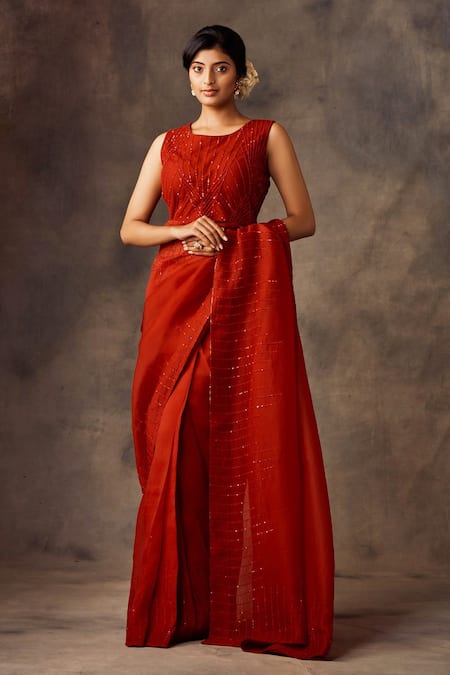 Shilpi Gupta Embroidered Pre-Pleated Saree with Blouse 