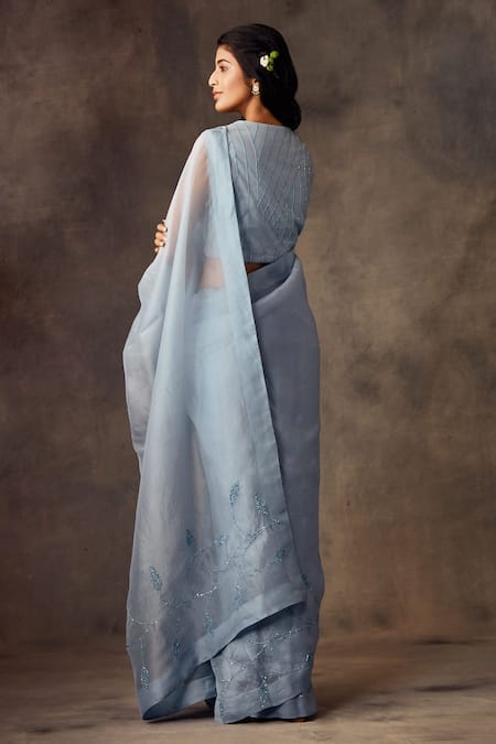 Shop Shilpi Gupta Blue Silk Organza Embroidery Round Pre-draped Saree With Blouse at Aza Fashions Shop_Shilpi Gupta_Blue Silk Organza Embroidery Round Pre-draped Saree With Blouse _at_Aza_Fashions