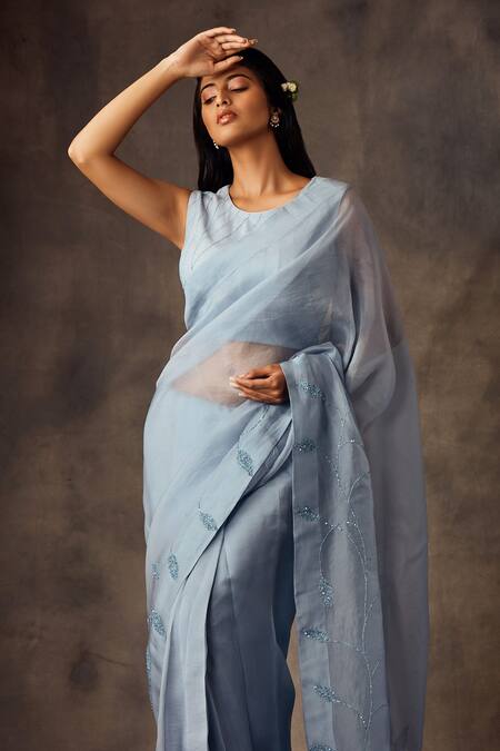 Shilpi Gupta Blue Silk Organza Embroidery Round Pre-draped Saree With Blouse Online at Aza Fashions Shilpi Gupta_Blue Silk Organza Embroidery Round Pre-draped Saree With Blouse _Online_at_Aza_Fashions