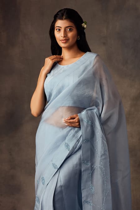 Buy Shilpi Gupta Blue Silk Organza Embroidery Round Pre-draped Saree With Blouse Online at Aza Fashions Buy_Shilpi Gupta_Blue Silk Organza Embroidery Round Pre-draped Saree With Blouse _Online_at_Aza_Fashions