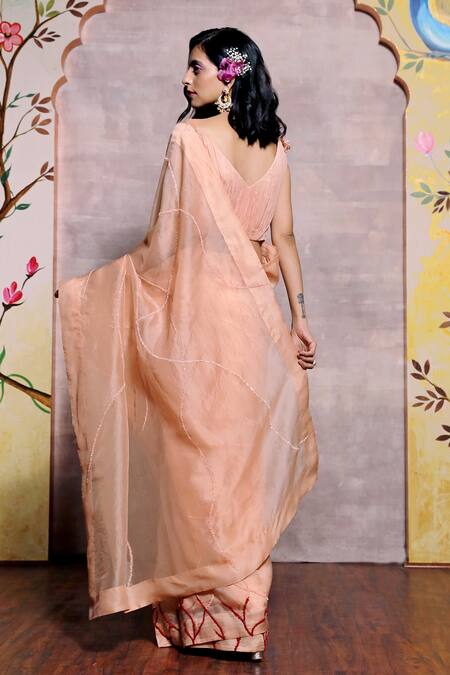 Shop Shilpi Gupta Peach Silk Organza Embroidery V Neck Patchwork Pre-draped Saree With Blouse at Aza Fashions Shop_Shilpi Gupta_Peach Silk Organza Embroidery V Neck Patchwork Pre-draped Saree With Blouse _at_Aza_Fashions