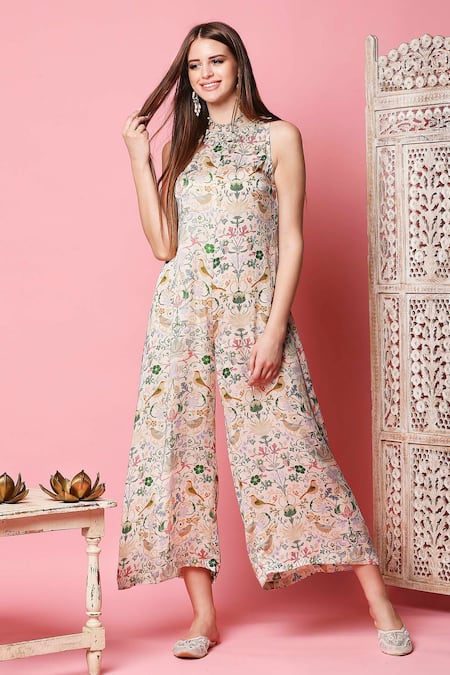Buy Beige Cotton Satin Embroidery Round Printed Jumpsuit For Women