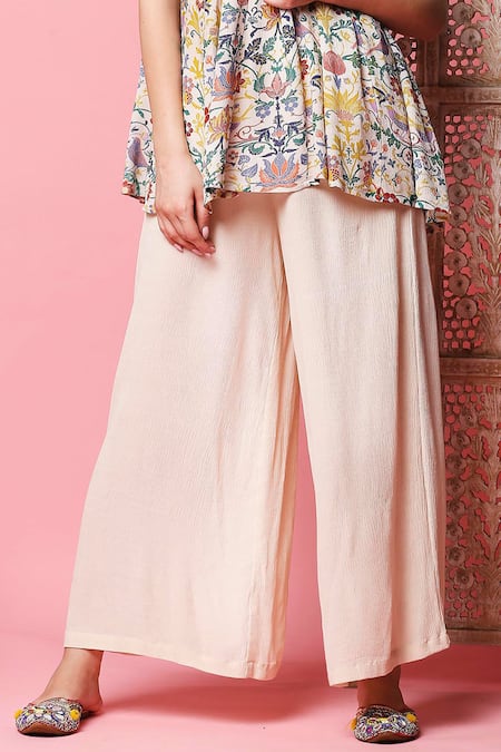 Buy_Sakshi Girri_Beige Wrinkled Cotton Round Printed Kurta And Palazzo Set  _Online_at_Aza_Fashions