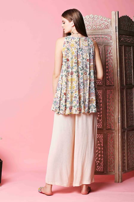 Shop_Sakshi Girri_Beige Wrinkled Cotton Round Printed Kurta And Palazzo Set  _at_Aza_Fashions