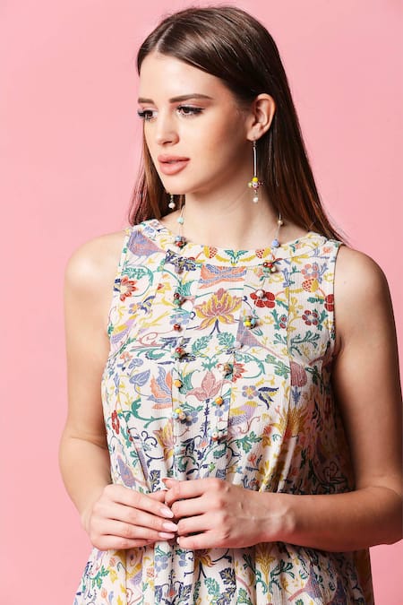 Sakshi Girri_Beige Wrinkled Cotton Round Printed Kurta And Palazzo Set  _Online_at_Aza_Fashions