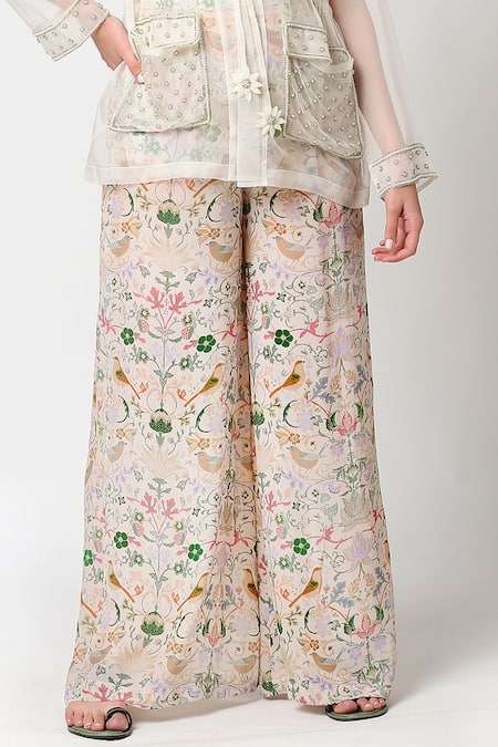 Shop_Sakshi Girri_White Organza, Crepe Jacket Spread Collarcrop Top Printed And Palazzo Set _Online_at_Aza_Fashions