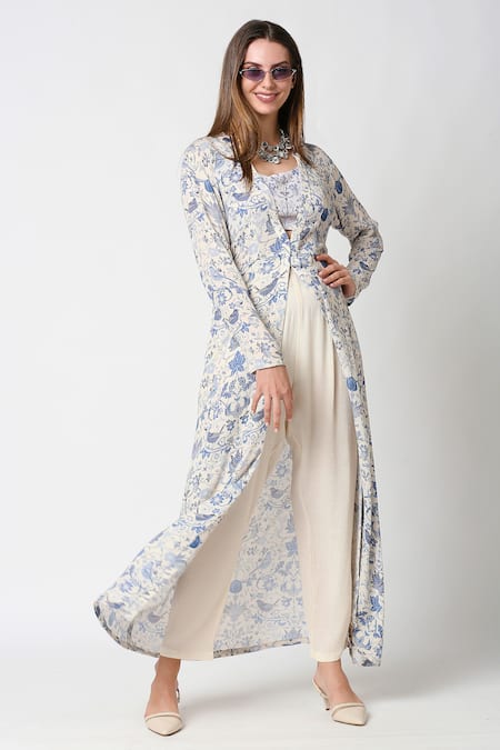 Sakshi Girri Blue Wrinkled Cotton Embroidery Round Printed Jacket And Pant Set 