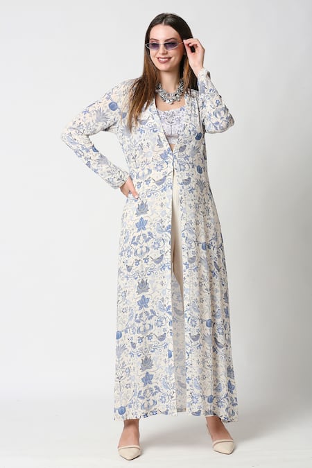 SAKSHI GIRRI_Blue Wrinkled Cotton Round Printed Jacket And Pant Set_Online_at_Aza_Fashions