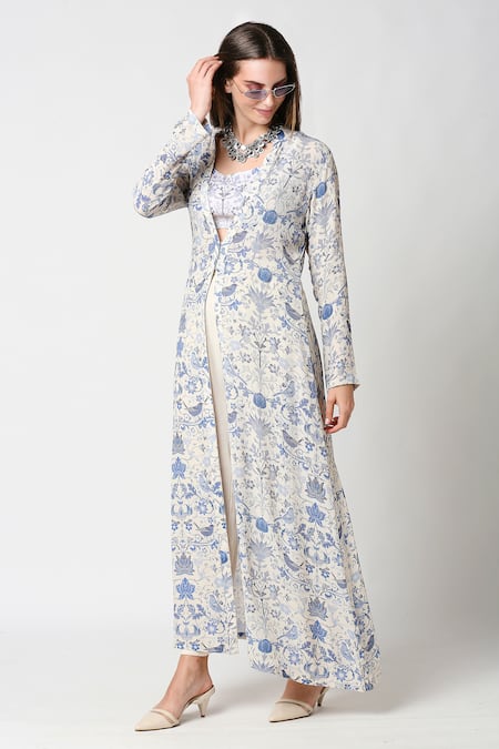 Buy_SAKSHI GIRRI_Blue Wrinkled Cotton Round Printed Jacket And Pant Set_Online_at_Aza_Fashions
