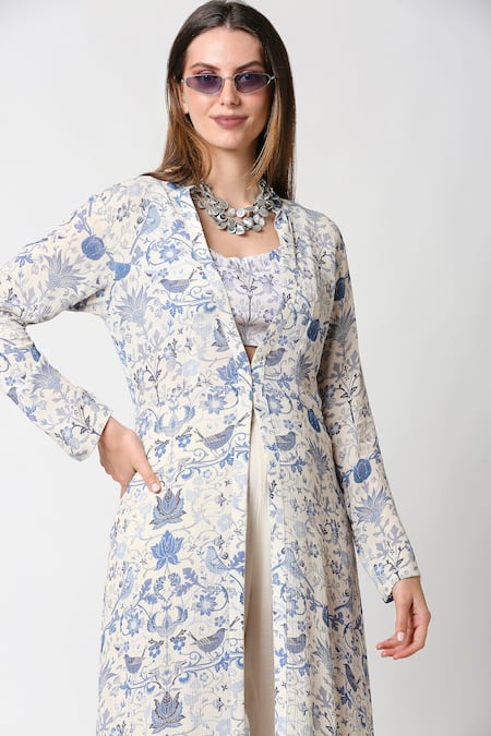 Shop_SAKSHI GIRRI_Blue Wrinkled Cotton Round Printed Jacket And Pant Set_Online_at_Aza_Fashions