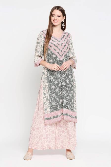 SAKSHI GIRRI_Green Crepe Round Printed Kurta And Palazzo Set_Online_at_Aza_Fashions