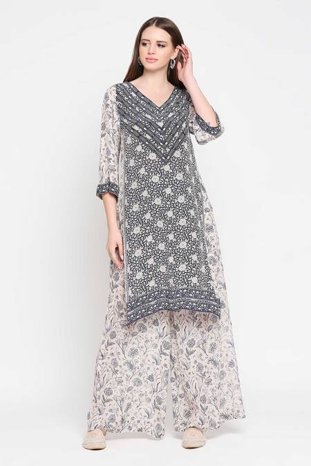 SAKSHI GIRRI_Blue Crepe Round Printed Kurta And Palazzo Set_Online_at_Aza_Fashions