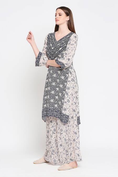 Buy_SAKSHI GIRRI_Blue Crepe Round Printed Kurta And Palazzo Set_Online_at_Aza_Fashions