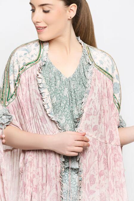 SAKSHI GIRRI_Green Chinon Chiffon V Neck Printed Cape And Gharara Set_Online_at_Aza_Fashions