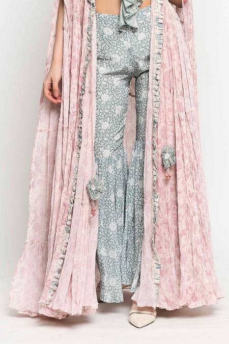 Buy_SAKSHI GIRRI_Green Chinon Chiffon V Neck Printed Cape And Gharara Set_Online_at_Aza_Fashions