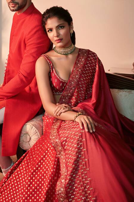 Sawan Gandhi Red Chanderi , Banarasi , Spun Scoop Embroidered Bridal Lehenga Set