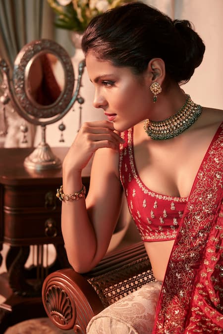 Sawan Gandhi_Red Chanderi , Banarasi , Spun Scoop Embroidered Bridal Lehenga Set_Online_at_Aza_Fashions