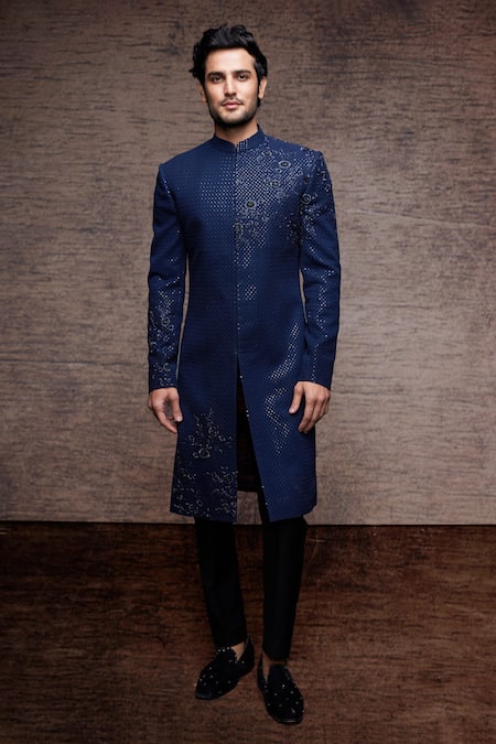 Buy Blue Georgette Embroidered Cutdana Sherwani Set For Men by Sawan ...