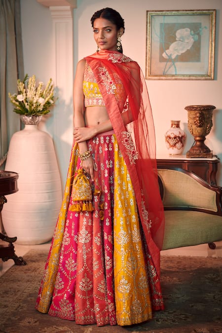 Sawan Gandhi Multi Color Raw Silk Square Neck Embroidered Bridal Lehenga Set  