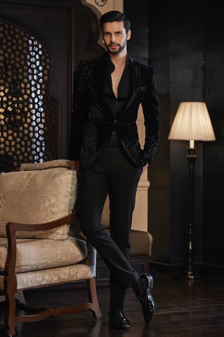 Sawan Gandhi Black Velvet Single Breasted Blazer Online at Aza Fashions Sawan Gandhi_Black Velvet Single Breasted Blazer_Online_at_Aza_Fashions