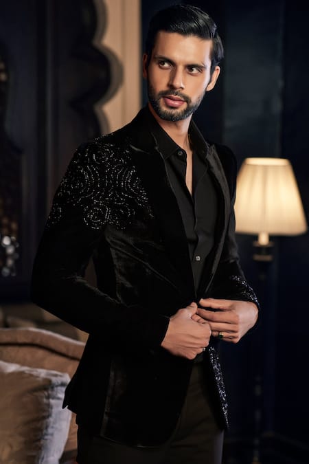 Shop_Sawan Gandhi_Black Velvet Single Breasted Blazer_at_Aza_Fashions