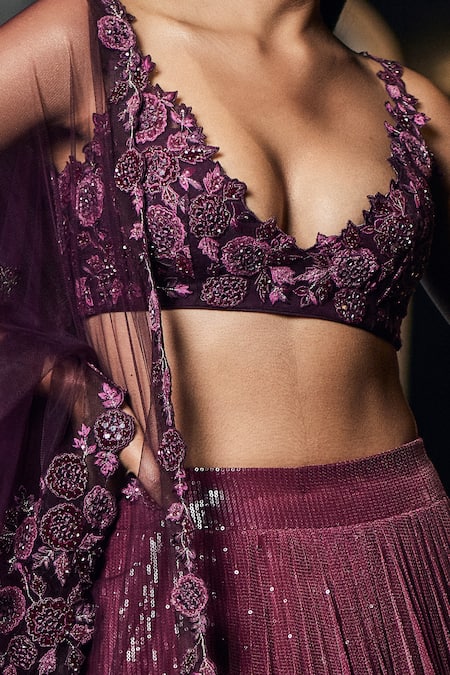 Shop Sawan Gandhi Purple Georgette Sequin, Applique Plunge V Neck Embellished Lehenga Set at Aza Fashions Shop_Sawan Gandhi_Purple Georgette Sequin, Applique Plunge V Neck Embellished Lehenga Set_at_Aza_Fashions