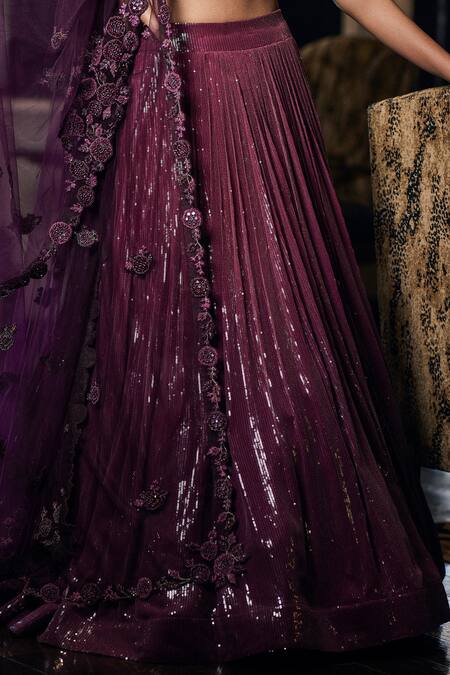 Buy Sawan Gandhi Purple Georgette Sequin, Applique Plunge V Neck Embellished Lehenga Set Online at Aza Fashions Buy_Sawan Gandhi_Purple Georgette Sequin, Applique Plunge V Neck Embellished Lehenga Set_Online_at_Aza_Fashions