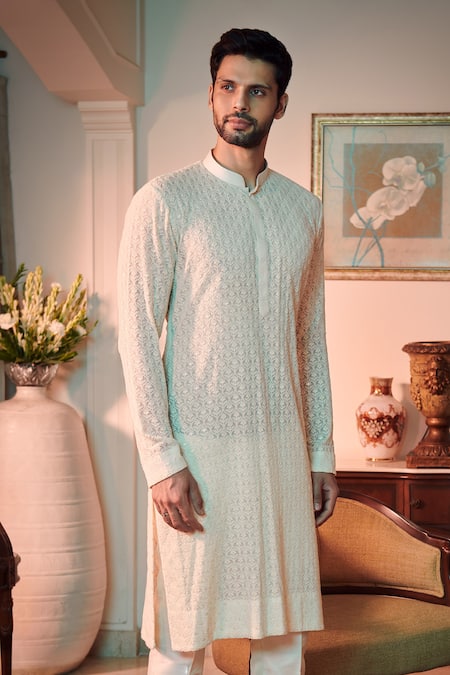 Sawan Gandhi White Georgette Chikankari Kurta  